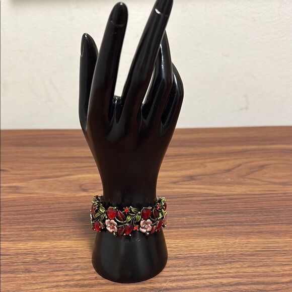 Vintage Hinged Floral Cuff Bracelet. Red Rhinestones, Burnished Goldtone, Pink. - Picture 2 of 6